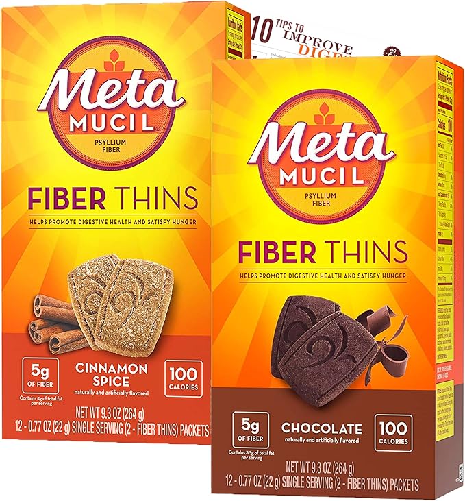 Bleam Fiber Thins Meta Fiber Supplement Digestive Health Support Tip Card Psyllium Fiber Bars - 12CT Cinnamon Spice & 12CT Chocolate - Set
