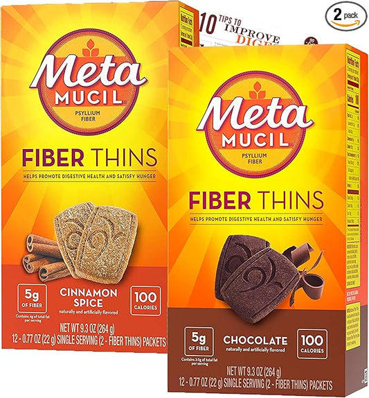 Bleam Fiber Thins Meta Fiber Supplement Digestive Health Support Tip Card Psyllium Fiber Bars - 12CT Cinnamon Spice & 12CT Chocolate - Set