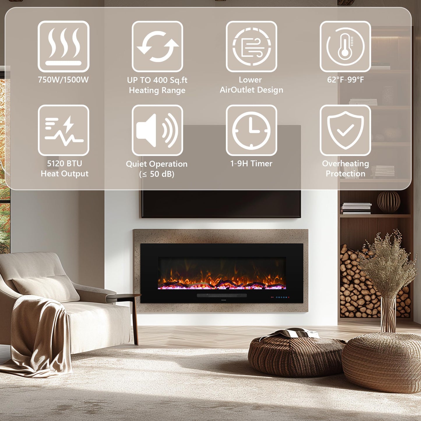 Dreamflame 72" Electric Fireplace, Recessed & Wall Mounted Fireplace Heater 13 * 13 Colors Flame &Fuel Bed w/5 Dimmer, Touchscreen &Remote Control Temp, Overheating Protect, Hardwired, 1500W, Black