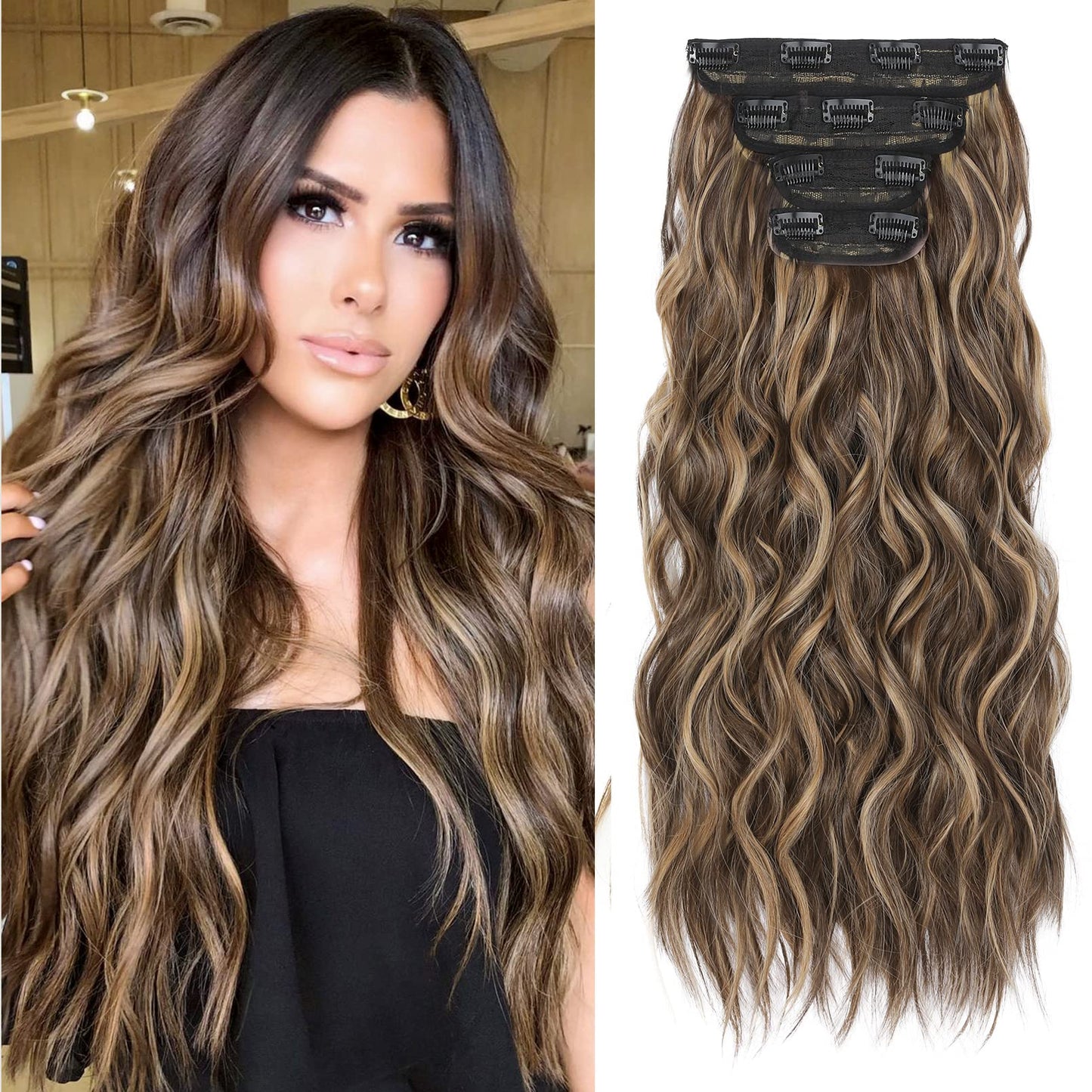 REECHO Hair Extensions, 4PCS Clip in Hair Extensions HE001 Natural Soft Synthetic Hairpieces for Women, Chocolate Brown with Blonde Highlights