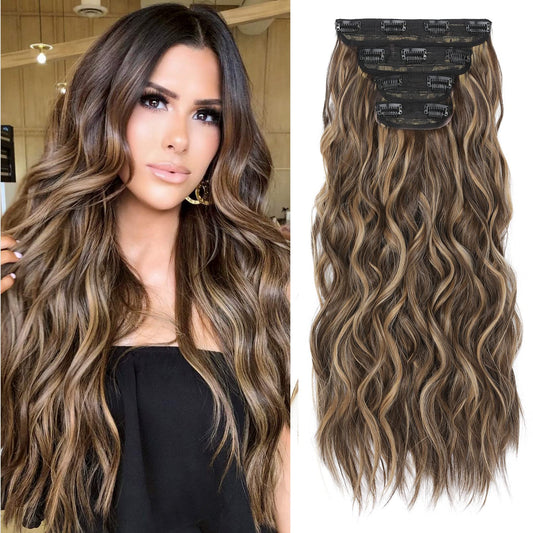 REECHO Hair Extensions, 4PCS Clip in Hair Extensions HE001 Natural Soft Synthetic Hairpieces for Women, Chocolate Brown with Blonde Highlights
