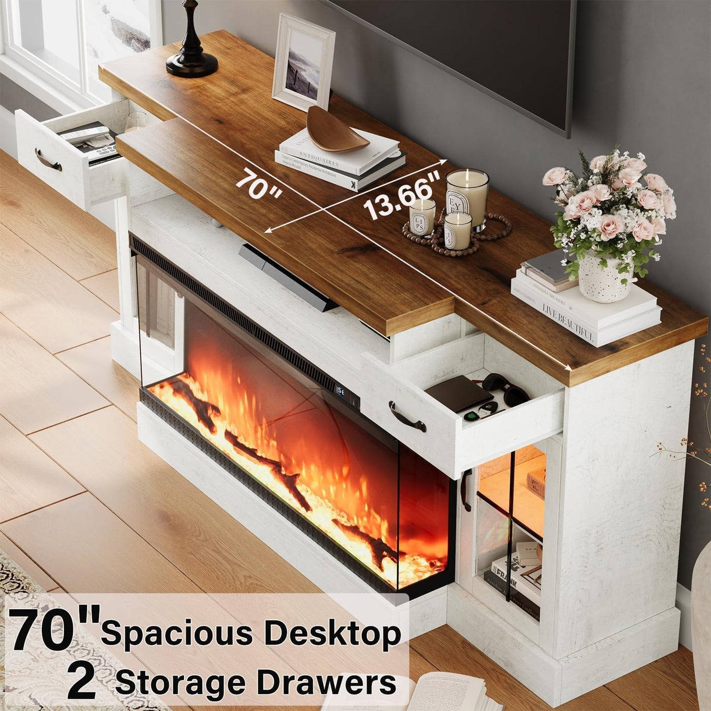 4 EVER WINNER Fireplace TV Stand with 40" Electric Fireplace for 80" TV, 70" Entertainment Center with Adjustable Storage Cabinets, 2 Drawers, TV Consoles for Living Room, White