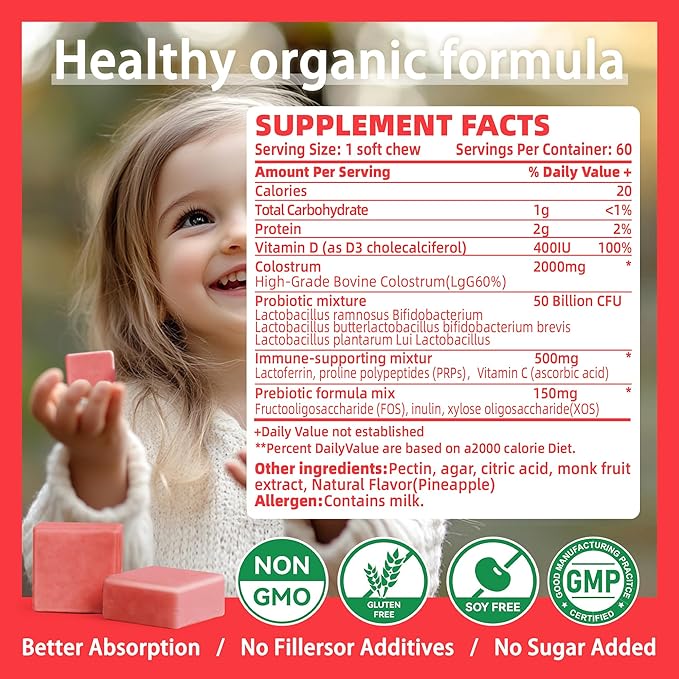 Bovine Colostrum Chews Supplement with probiotics for Gut Health, Bloating, Immune Support, Skin, Hair Growth and Beauty - Strawberry Flavor (60 Servings)