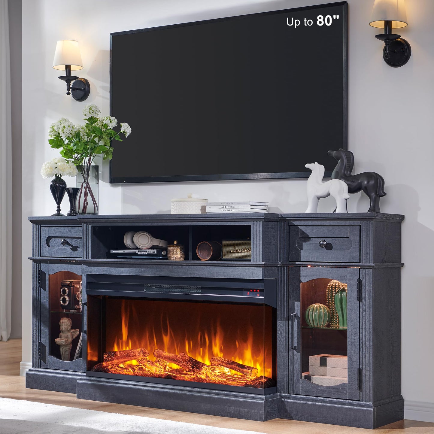 Farmhouse Electric Fireplace TV Stand for TVs up to 80", Entertainment Center with 36" 3-Sided Glass Electric Fireplace & LED Lights, 70-inch TV Console for Living Room, Black