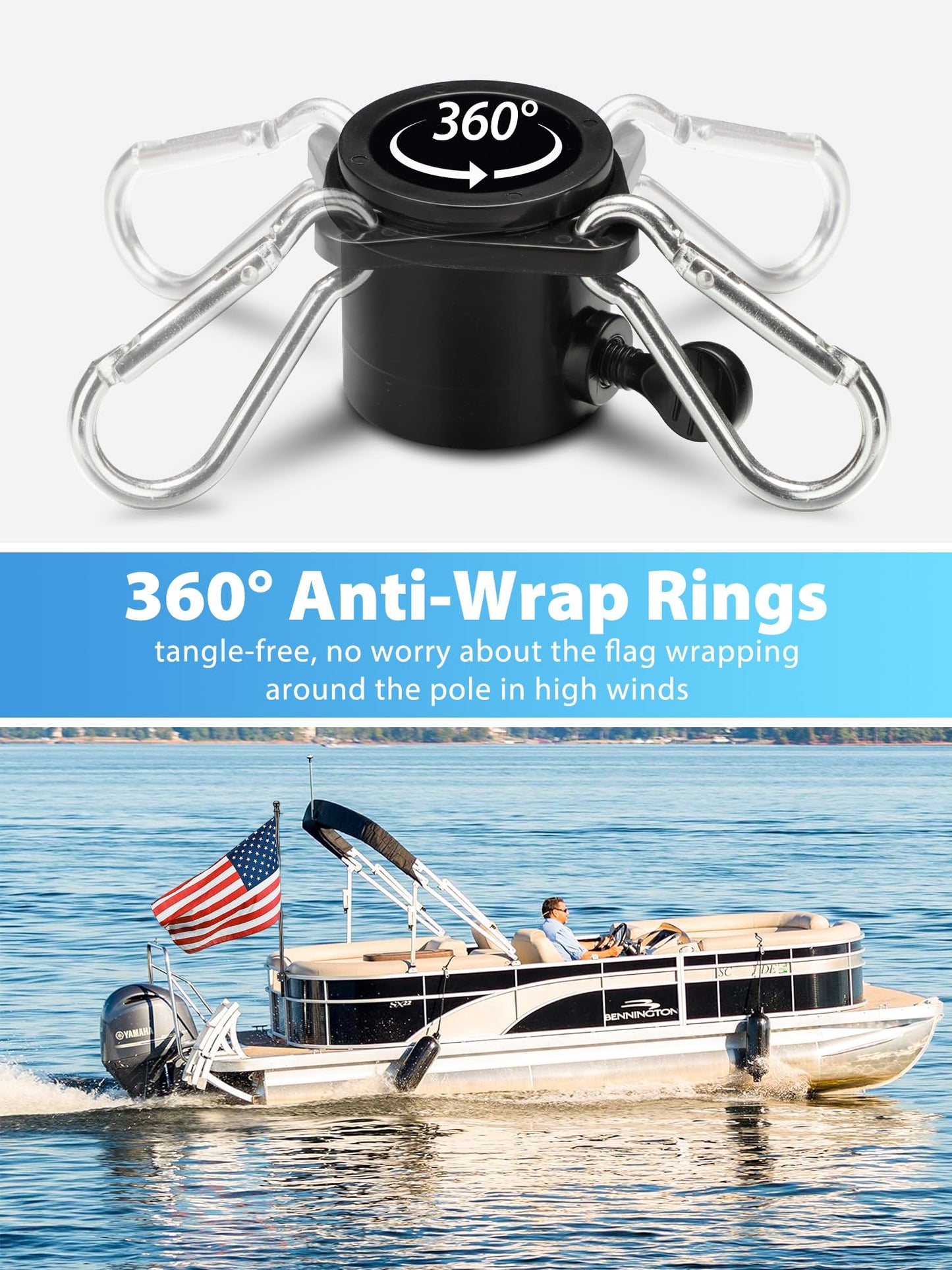 Boat Flag Pole, Pontoon Boat Accessories Flag Pole Kit, 75 in Flag Pole with 12”x18” American Flag, Adjustable Holder Mount, Tangle Free Rings, Metal Black Marine Flags Pole Fit 0.5”-1.1” Yacht Rails
