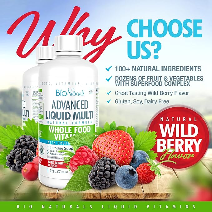 Bio Naturals Liquid Whole Food Multivitamin for Men & Women with Over 100 Ingredients - Superfoods, Omegas, Organic Extracts - 100% Vegan - 32 oz