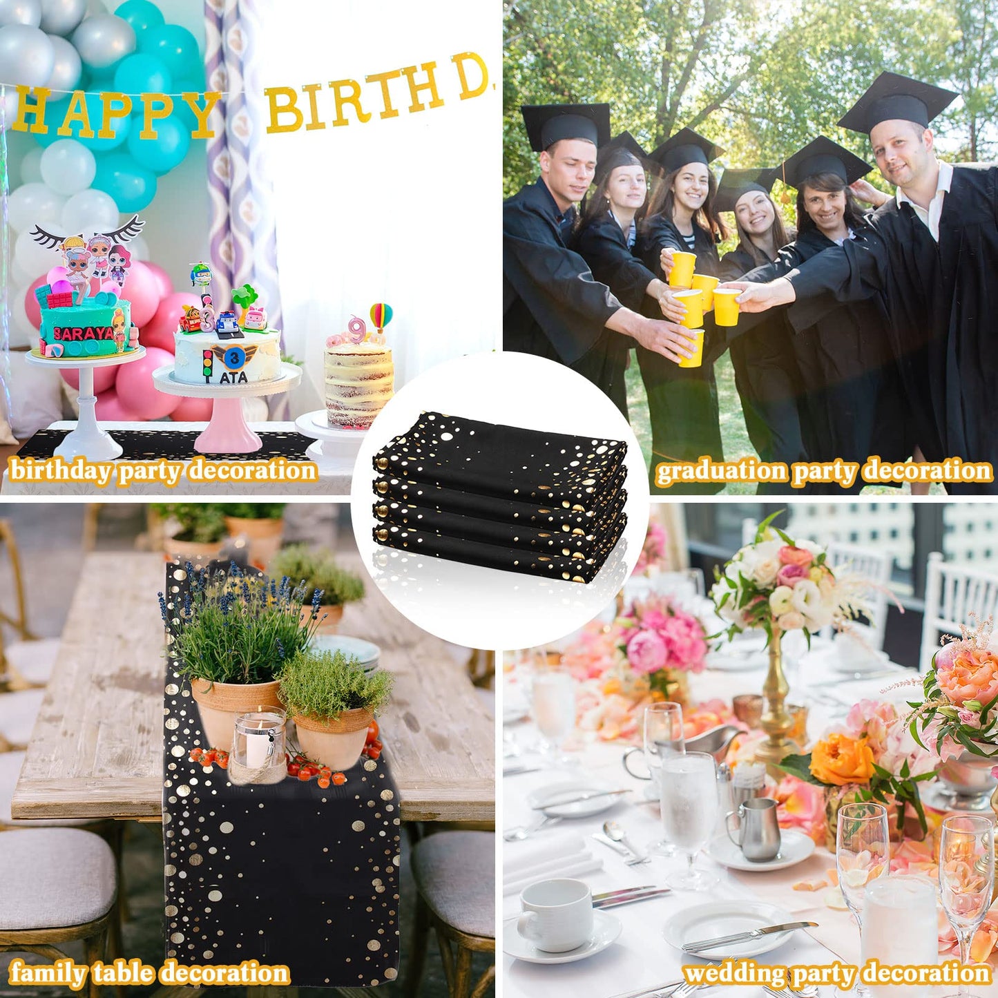 4 Pack Table Runner 12 x 108 Inch Sequin Rectangular Table Runners for Birthday Wedding Graduation New Years Party Decorations Black and Gold Decor(Black and Gold)