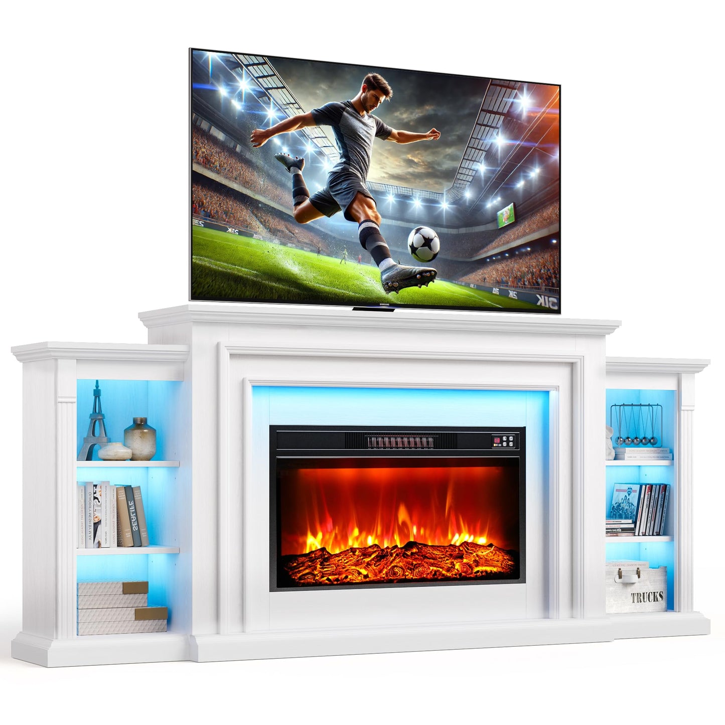 80" Electric Fireplace Entertainment Center with Mantel – Freestanding Heater TV Stand, Adjustable Flame, Remote Control, LED Light, Stylish Storage for Living Room and Bedroom, White