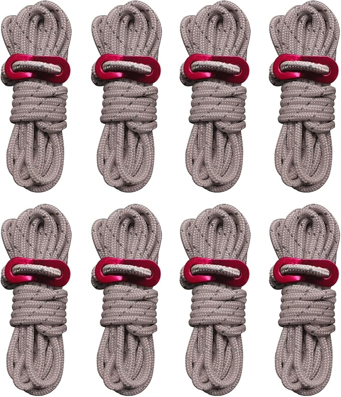 8 Pack High-Reflective Guy Lines 4mm Tent Cords High-Strength Lightweight Camp Ropes with Aluminum Adjuster Tensioner for Tent, Tying Down Tarps, Camping Tent, Outdoor Packaging (Khaki)
