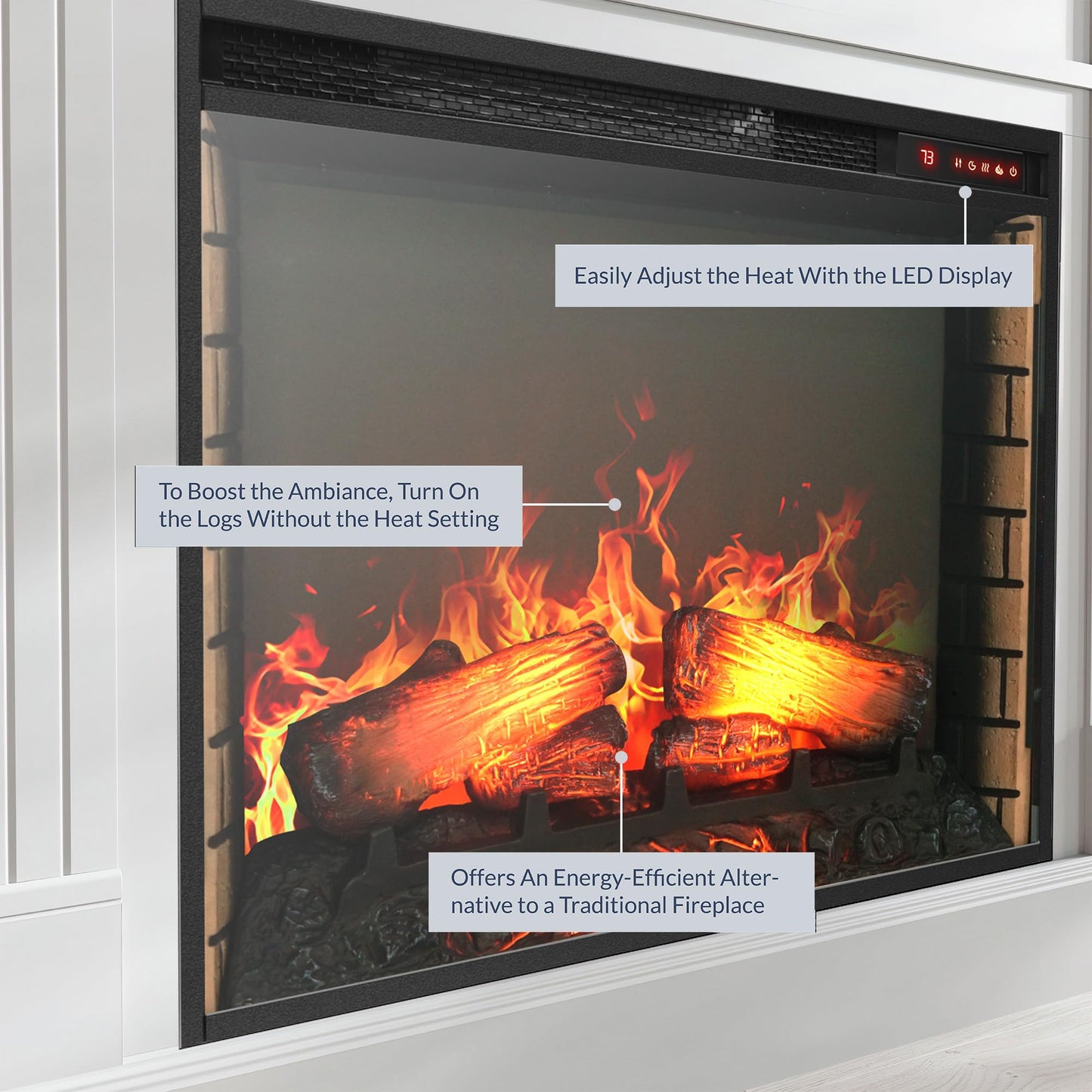 BELLEZE Modern 70" Electric Fireplace Heater Mantel TV Stand & Media Entertainment Center for TVs up to 68" with Energy-Efficient Heater with Sound and Side Book Shelves - Lenore (White)