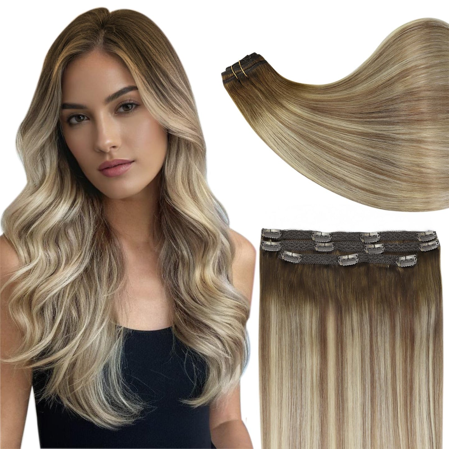 Full Shine Clip in Hair Extensions Real Human Hair Brown Roots Remy Straight Hair Extensions Clip in Human Hair Double Weft Balayage to Ash Brown Mix Dirty Blonde 60Grams 12 Inch Short Hair