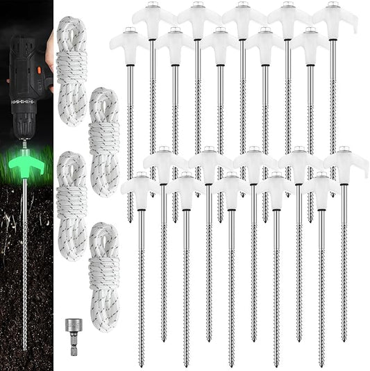 20 Pcs 8'' Screw in Tent Stakes Heavy Duty Camping Stakes Ground Anchors Metal Canopy Stakes Tent Spikes Stake Pegs with 4 x 10 ft Ropes for Sand Hiking Travel with Hex Head Driver(White)