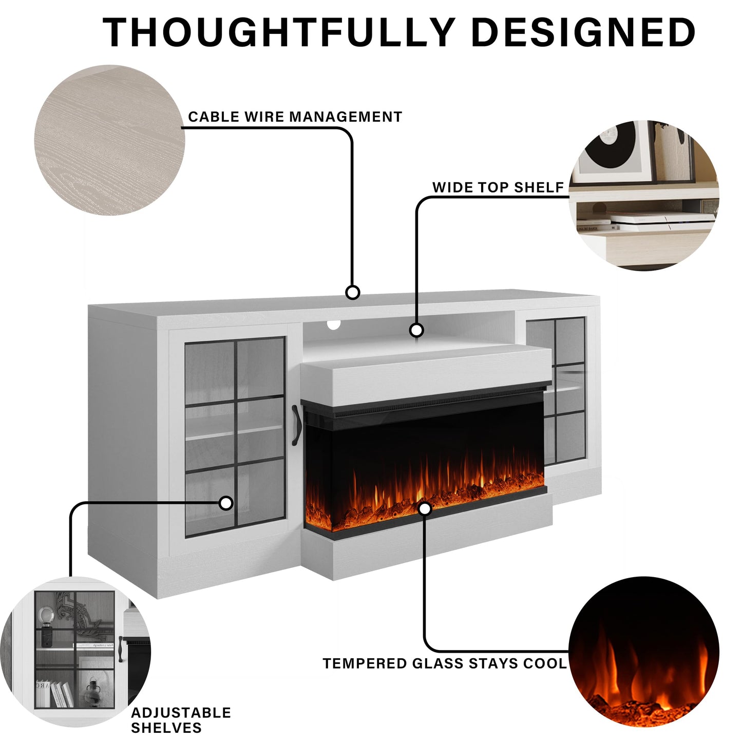 CharaVector 3-Sided Farmhouse Electric Fireplace TV Stand for TVs up to 75'', Entertainment Center with Glass Door Storage Cabinet, 60'' Large TV Stands with 30''Fireplace, White