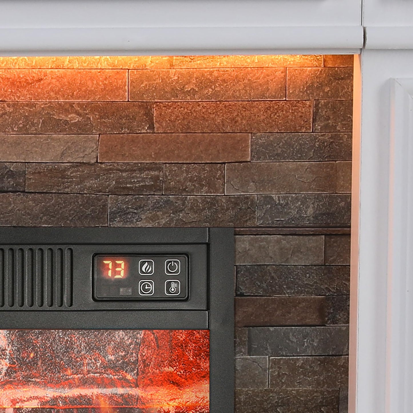 44" Electric Fireplace Mantel, LED Farmhouse TV Stand with Electric Fireplace Heater, Stacked Stone Surround and Remote Control 3D Realistic Flame, White Fireplace for Living Room Bedroom