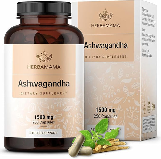 HERBAMAMA Ashwagandha Capsules - 1500mg Pure Ashwagandha Root for Relaxation & Mood Support - Vegan, Non-GMO Focus & Calming Supplement for Adults, 250 Caps