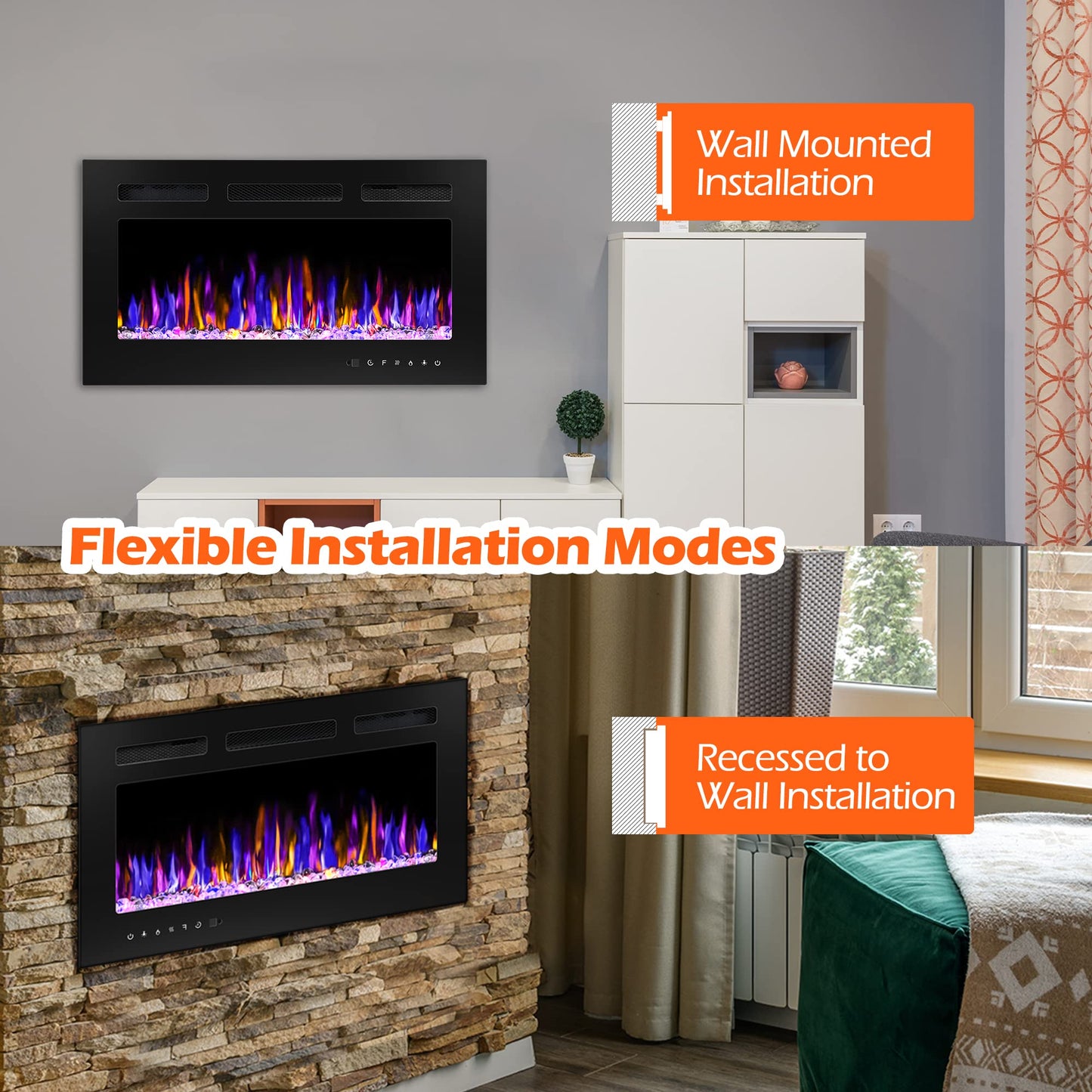 BETELNUT 30" Electric Fireplace Wall Mounted and Recessed with Remote Control, 750/1500W Ultra-Thin Wall Fireplace Heater W/Timer Adjustable Flame Color and Brightness, Log Set & Crystal Options