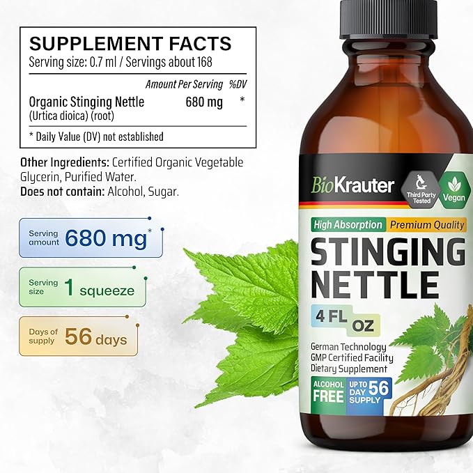 BIO KRAUTER Stinging Nettle Tincture - Nettle Root Extract Liquid - Urinary Support Supplement - Urtica Dioica Natural Extract - Vegan, Sugar & Alcohol Free Drops 4 Fl.Oz.
