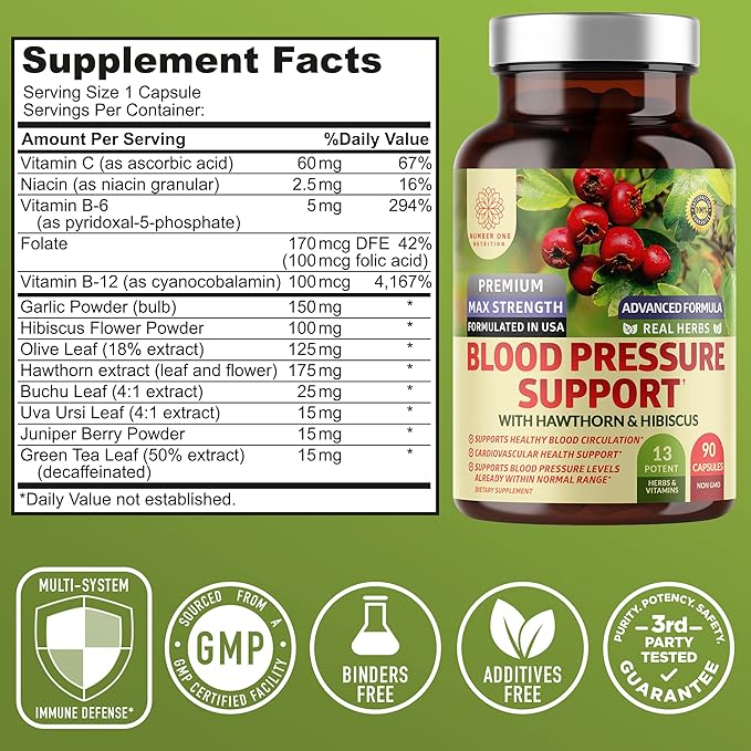 2-Pack N1N Premium Blood Pressure Support with Hawthorn and Hibiscus [13 Potent Ingredients], Natural Supplement to Support Blood Flow Health, 180 Caps
