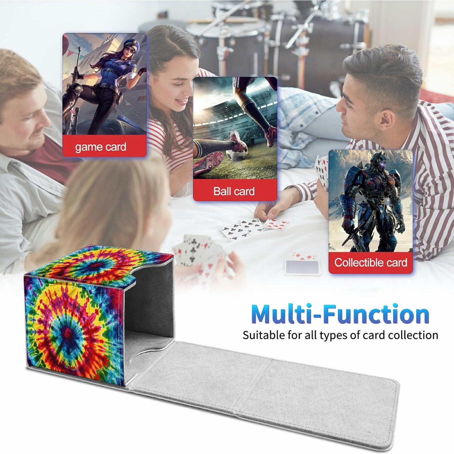 BREIDMKFM Card Deck Box for Trading Cards, MTG Commander Deck Box Fits 100+ Single Sleeved Cards, Leather Magnetic Card Storage Box for YuGiOh TCG CCG Cards, Rainbow Pattern