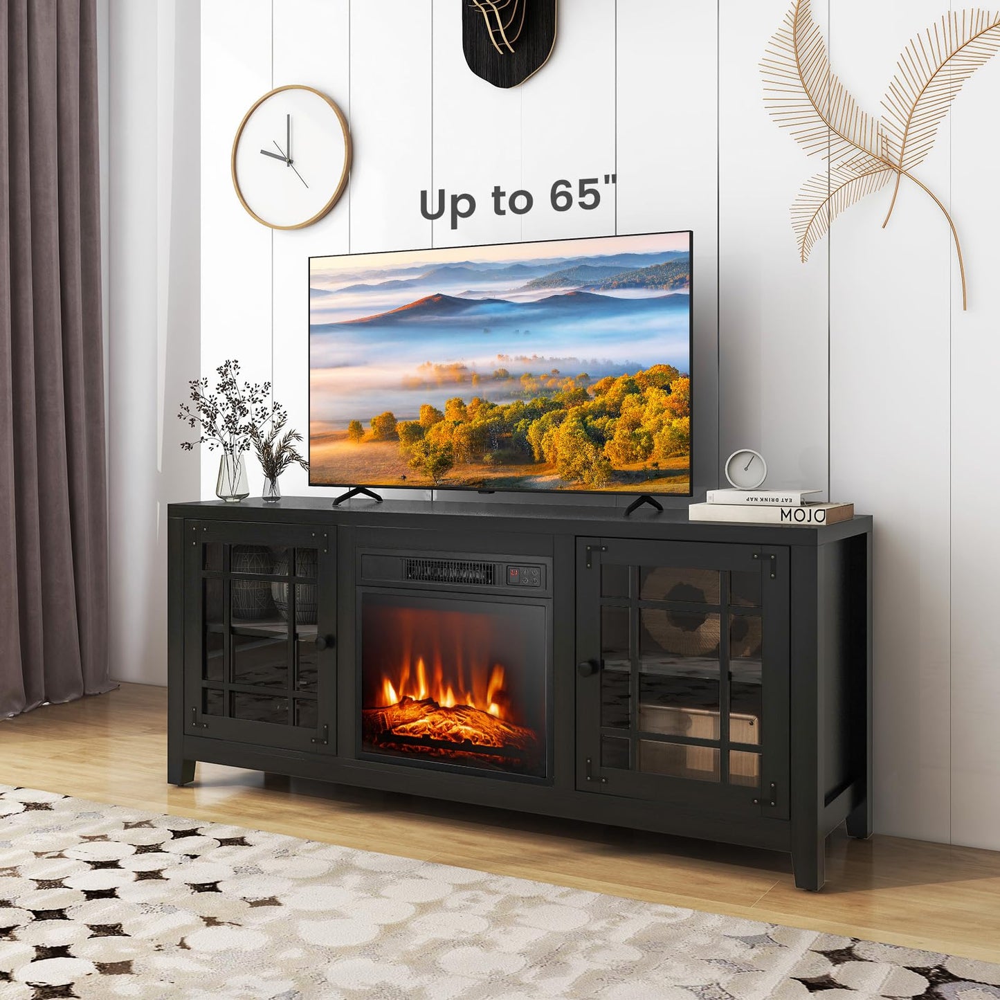 COSTWAY Electric Fireplace TV Stand for TVs up to 65-inch, 18-inch Fireplace Entertainment Center with Remote Control, Thermostat, TV Console with Adjustable Shelves for Living Room Bedroom, Black