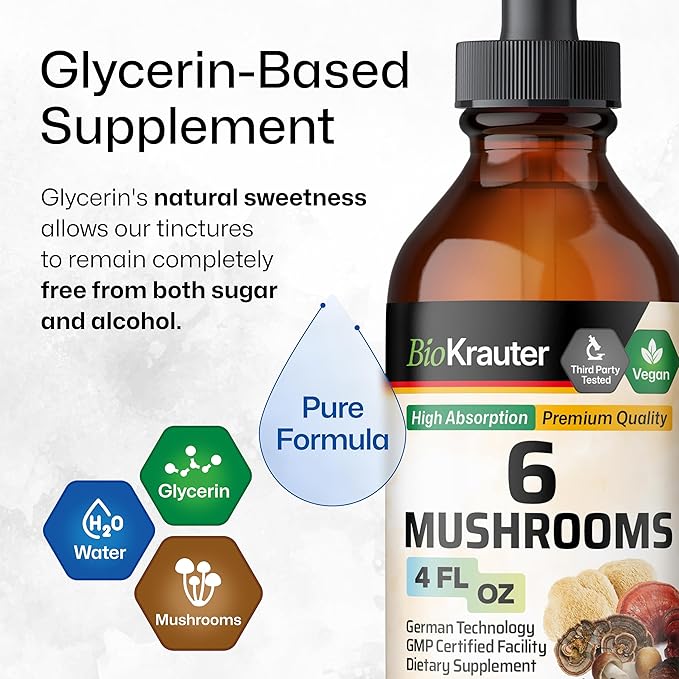 BIO KRAUTER 6 Mushrooms Supplement 6-in-1 - Lions Mane, Shiitake,Turkey Tail, Cordyceps, Reishi & Chaga Liquid Extract - Mushroom Complex Tincture - Vegan Drops 4 Fl.Oz.