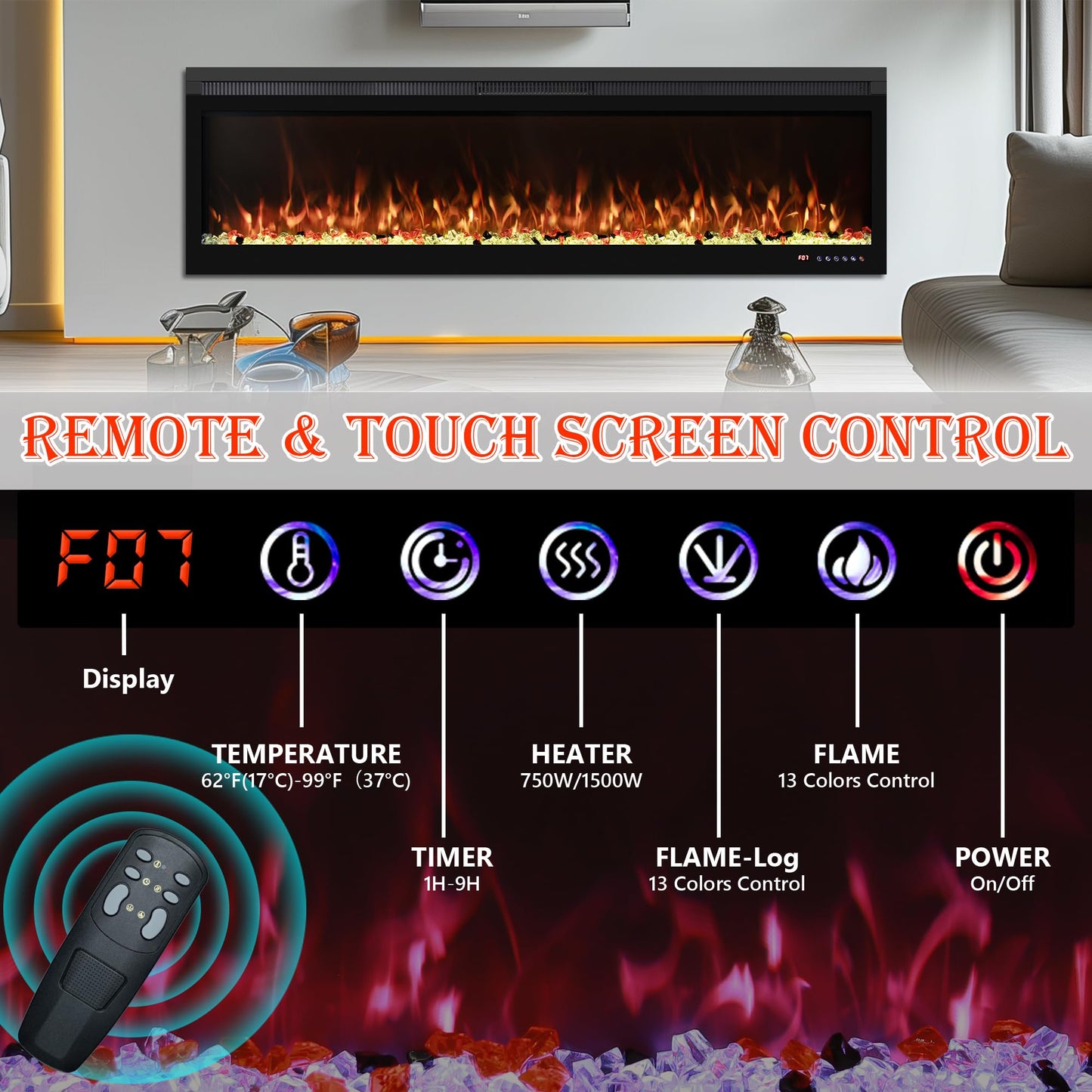 Mystflame 60 inch Electric Fireplace Inserts, Wall Mounted and Recessed Fireplace Heater, Remote & Touch Screen, Log Set & Crystal, 13 Adjustable Flame Color, Thermostat, 1-9H Timer, 750w/1500w