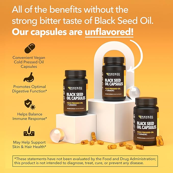 Black Seed Oil Capsules with Turmeric Curcumin Supplement - Immune & Digestive Health Support - 60 Count - Vegan, Non-GMO, Cold Pressed Black Seed Oil with Curcumin (95% Curcuminoids) - 1 Month Supply