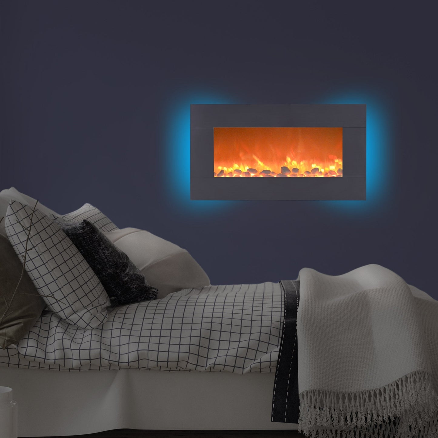 Electric Fireplace - 30 Inch Wall Mounted Fireplace - 13 Backlight Colors and Remote Controlled LED Flames, Heat, and Brightness by Northwest (Silver)