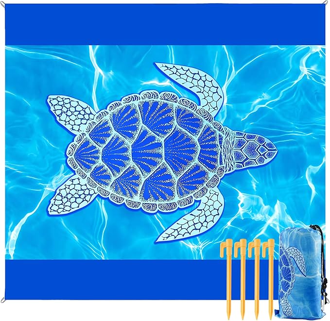 Sea Turtle Beach Blanket Waterproof Sandproof, 79x79Inch Sand Free Beach Mat, Quick Drying, Light Weight and Portable Outdoor Picnic Mat for Travel, Camping