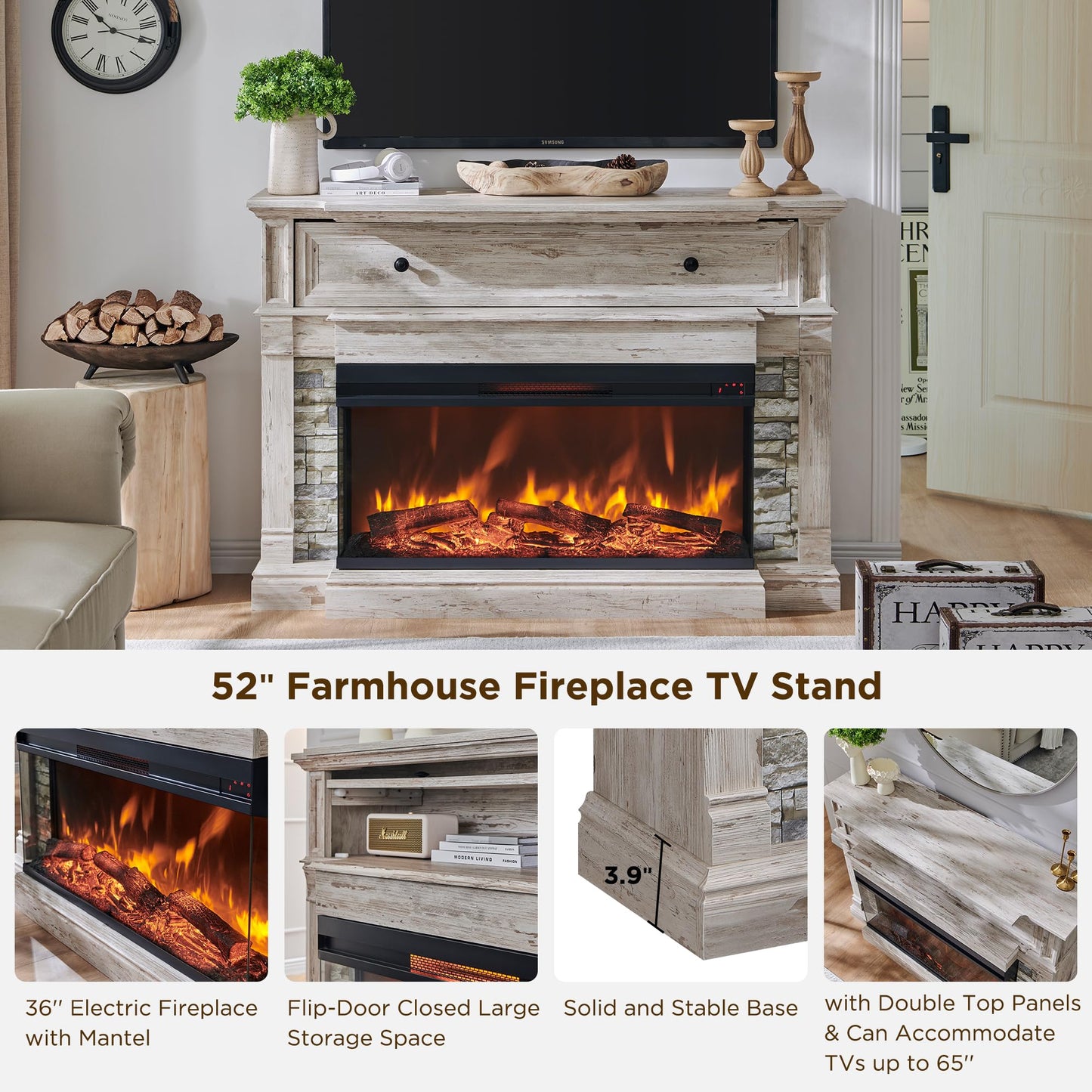 RedLemon Electric Fireplace with Mantel, 3-Sided Glass Farmhouse TV Stand with Fireplace for TVs up to 65", 52" Media Entertainment Center Console with Storage for Living Room, Antique Brush White