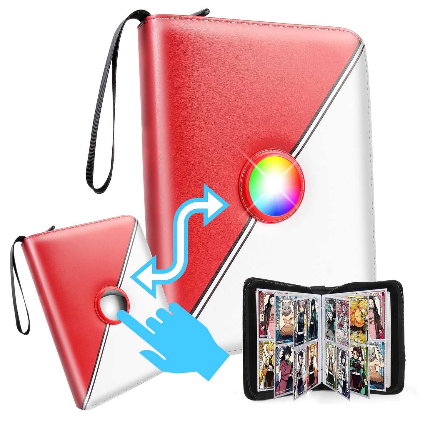 Card Binder 4 Pocket,Trading Card Binder,with 7 Colorful Light Flashing Cards Binder,400 Card Capacity, Durable Leather, Zipper Closure, Convenient Handle