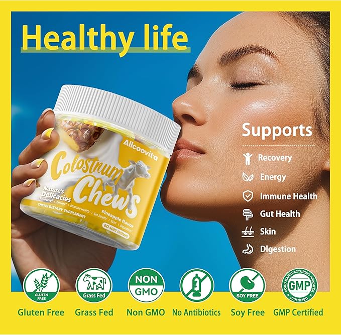 Bovine Colostrum Chews Supplement with probiotics for Gut Health, Bloating, Immune Support, Skin, Hair Growth and Beauty - Pineapple Flavor (60 Servings)
