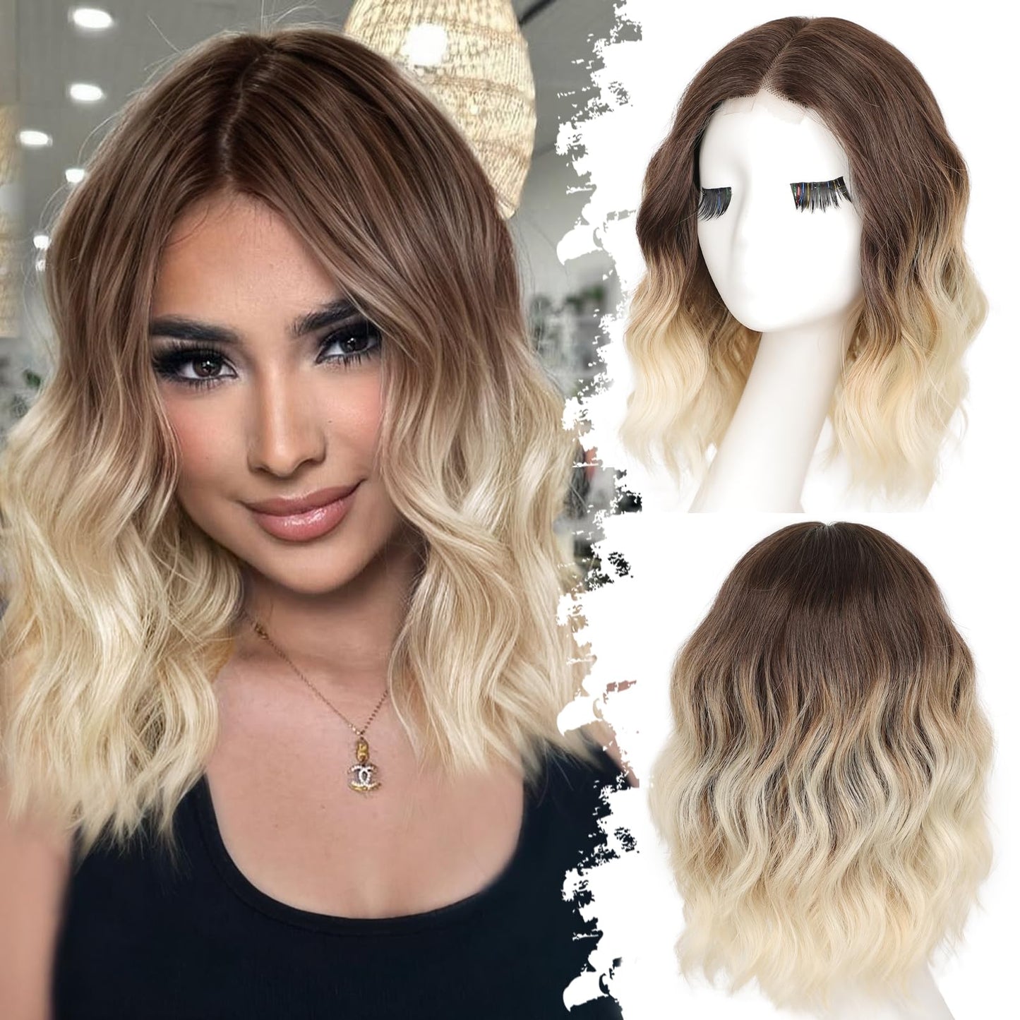 Eawwii Brown to Platinum Blonde Short Wavy Wig for Women Lace Hairline Bob Style Synthetic Heat Resistant - Natural Appearance for Everyday Hairstyle 14 Inch