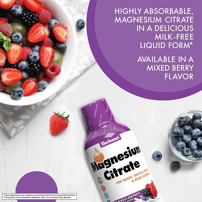 Bluebonnet Nutrition Magnesium Citrate 420 mg - Calm Mind & Body* – Supports Heart, Muscle & Sleep* - Non-GMO, Vegan, Kosher, Gluten-Free, Soy-Free, Milk-Free - 16 FL OZ, Mixed Berry Flavor