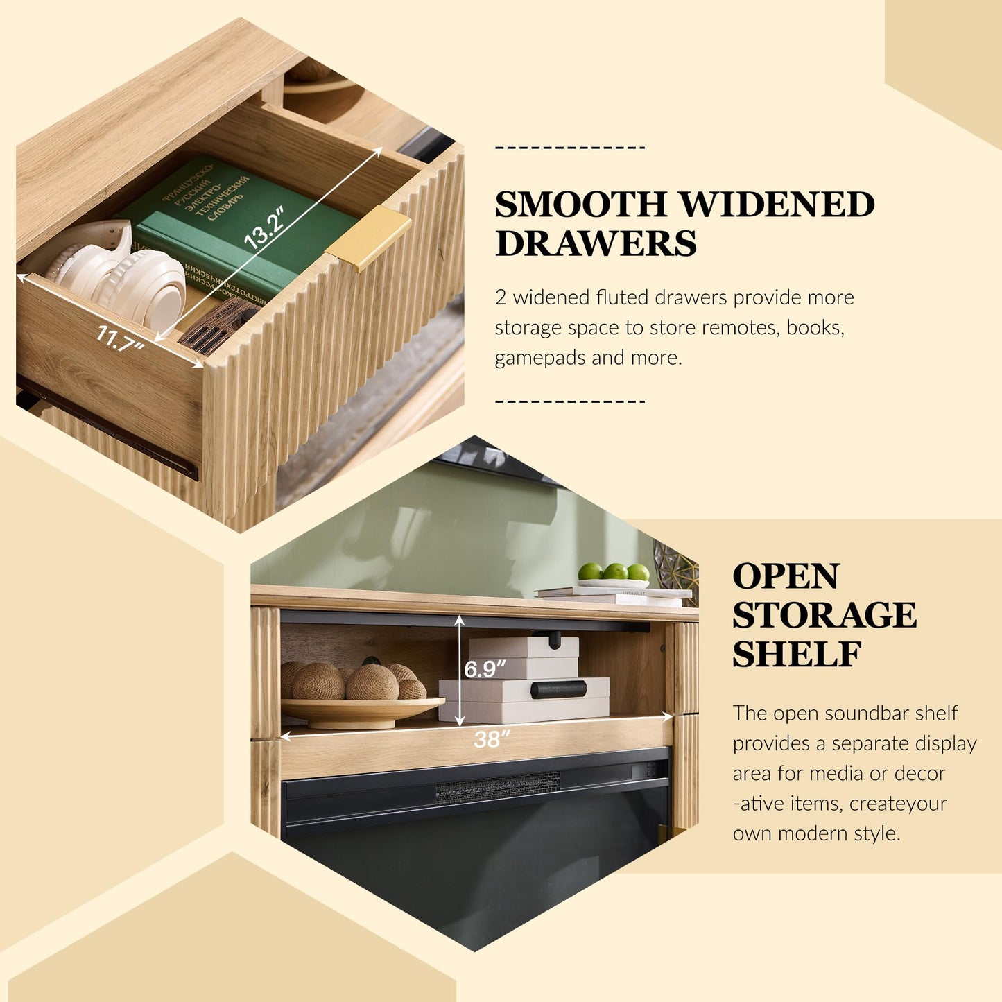 IFGET Fluted Fireplace TV Stand for TVs Up to 80 inch, Modern Entertainment Center with 36" Electric Fireplace, Wood Media Console w/Drawers and Adjustable Shelves for Living Room, Natural