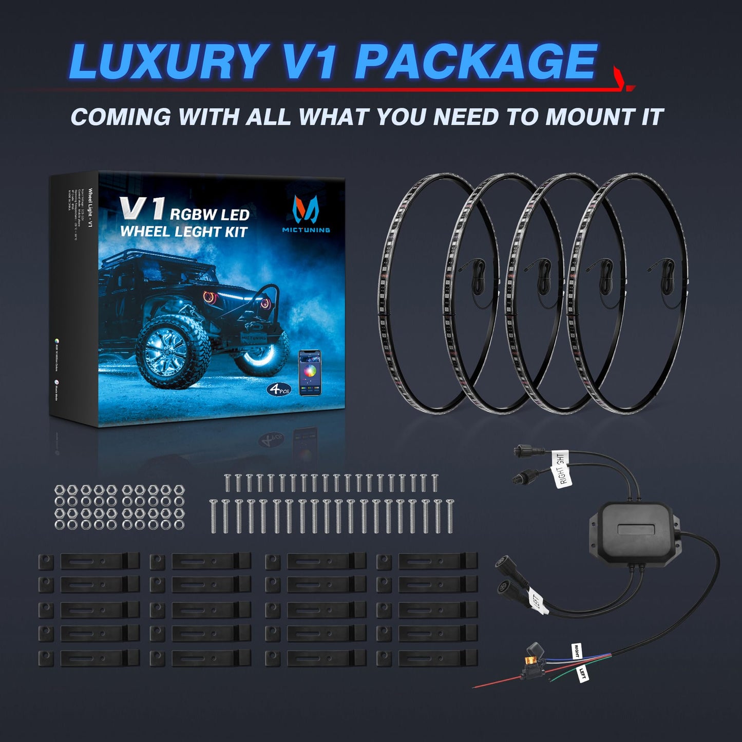 MICTUNING 17.5" V1 RGBW LED Wheel Lights Kit with APP Control & Music Sync Turn Signal, Brake Function, Pure Colors Neon Wheel Rim Lights for Trucks, SUVs, Cars (4PCS, Single Row)