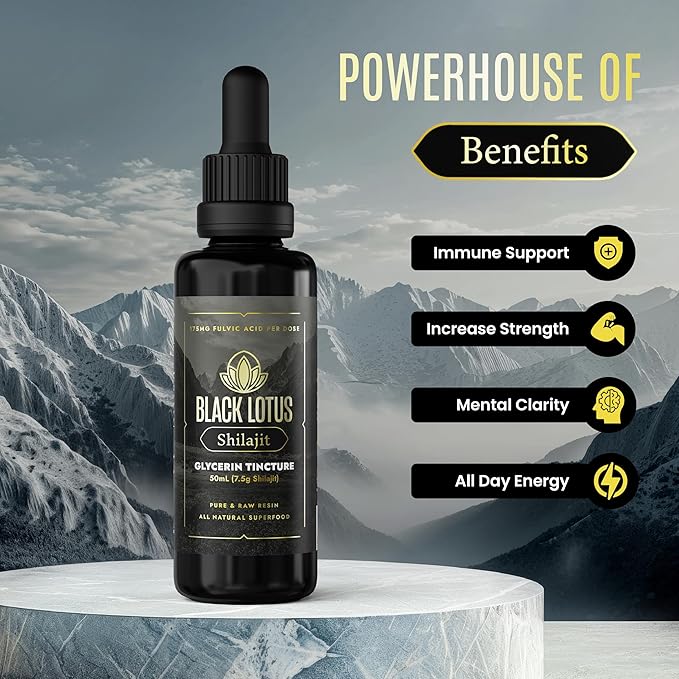 Black Lotus Pure Shilajit Resin Liquid Tincture, 50ml, 100% Pure Natural Shilajit for Men & Women with Amino Acids, 175mg Fulvic Acid, 85 Ionic Trace Minerals, for Immune Support, Focus, Energy