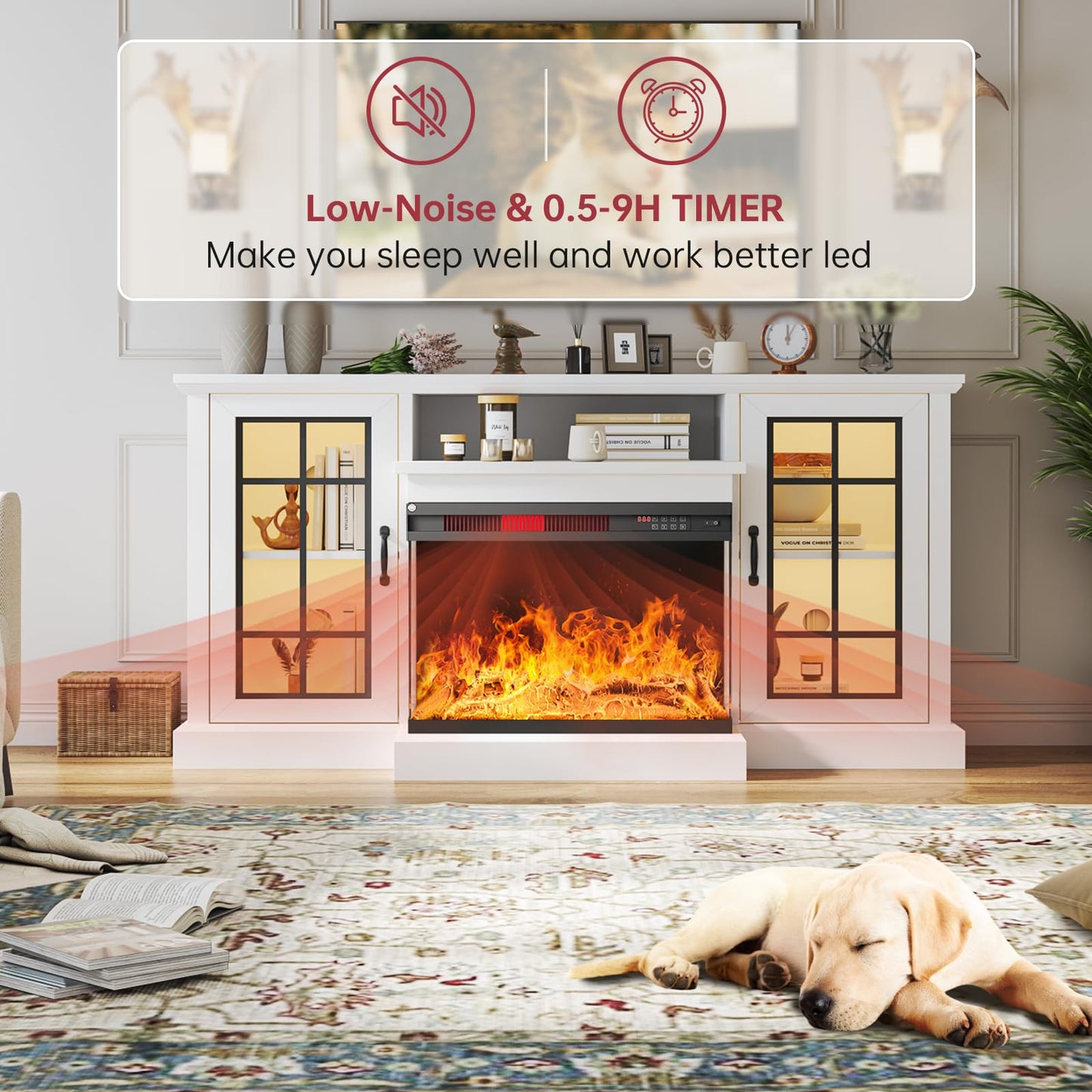 oneinmil 59'' Fireplace TV Stand, 3 Sided Glass Media Entertainment Center Console Table for TVs up to 65'' with Glass Door Adjustable Flame LED Color for Living Room, Set of TV Table, White