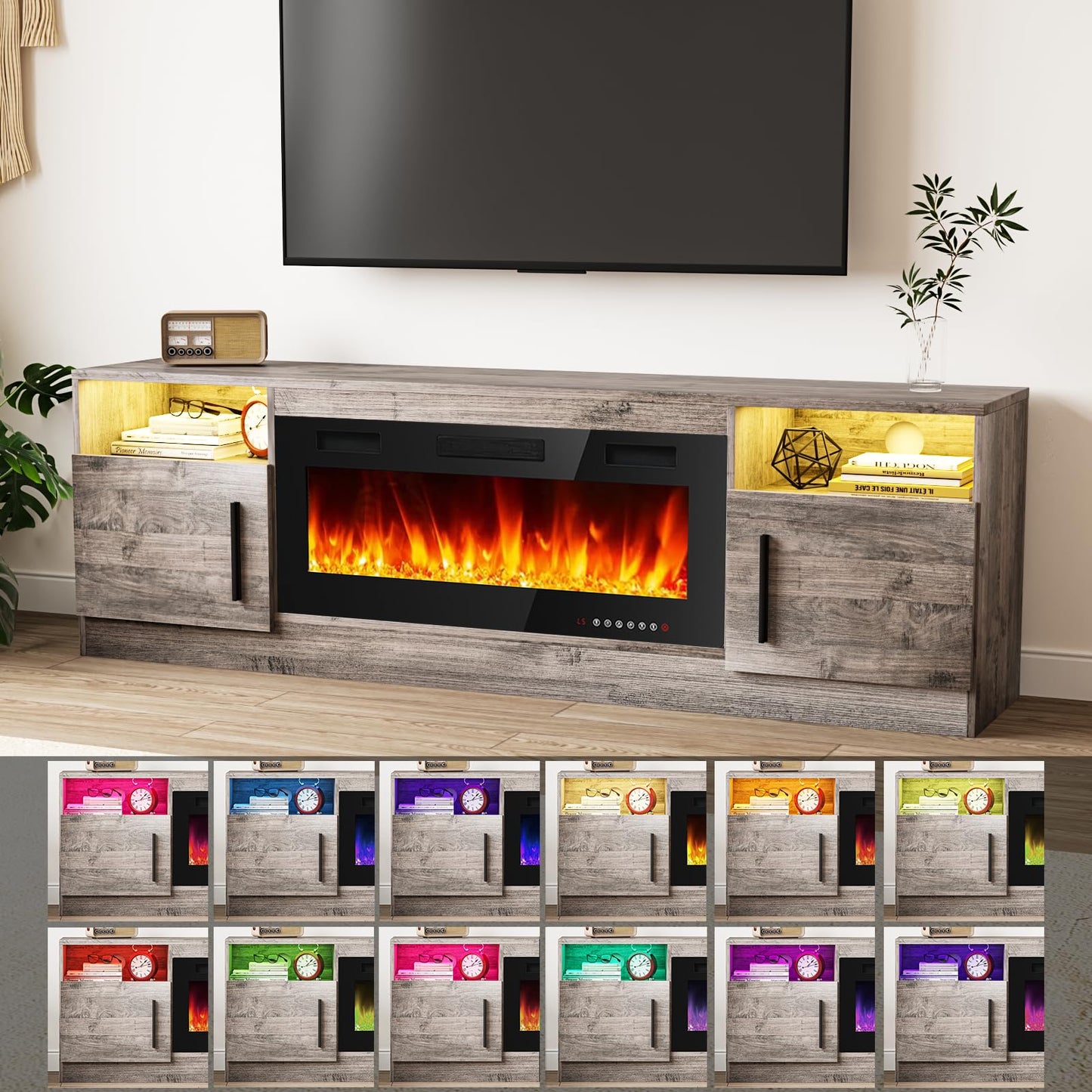 Tavata Fireplace TV Stand Entertainment Center with 36" Fireplace, 70" Wooden TV Stand for TVs Up to 80",Media TV Console with High Gloss Storage Cabinet and 16 Colors LED Lights (Gray)