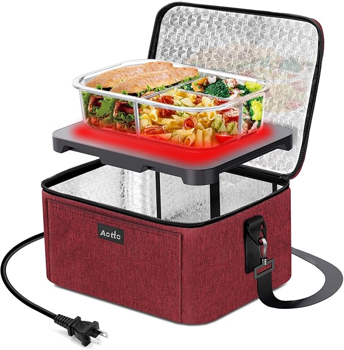Aotto Portable Electric Lunch Box Food Heater - 110V Portable Oven and Food Warmer, Heated Lunch Box for Adults, Cook, Reheat, and Keep Meals Warm for Travel, Office, and Home - Red