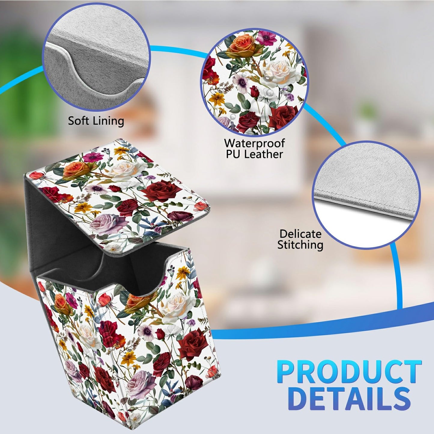 BREIDMKFM Card Deck Box for Trading Cards, MTG Commander Deck Box Fits 100+ Single Sleeved Cards, Leather Magnetic Card Storage Box for YuGiOh TCG CCG Cards, Roses