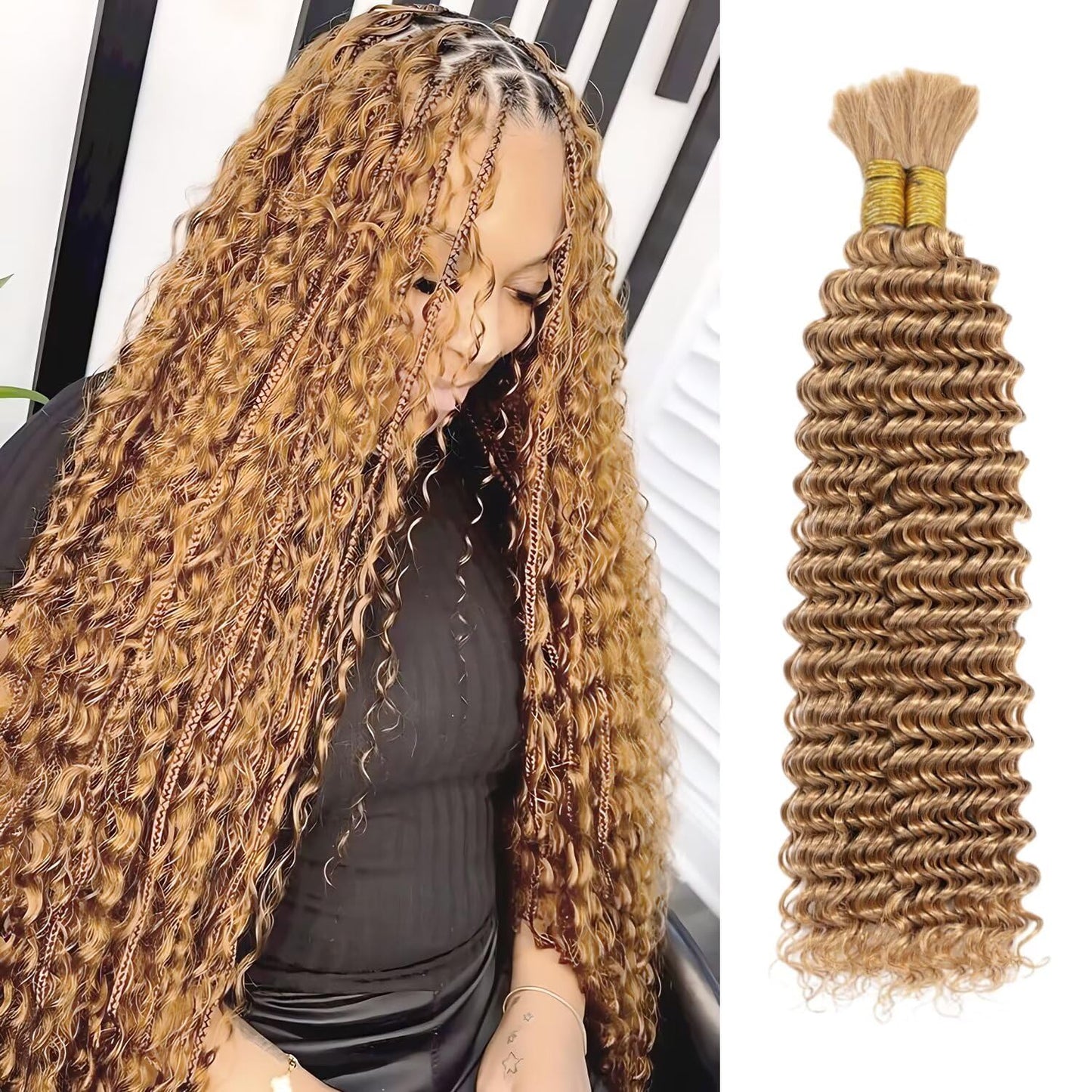 Blonde Human Braiding Hair 16 Inch Deep Water Wave 2 Bundle Bulk Brazilian Virgin Curly for Boho Braids Wet and Wavy Color 27 Honey Blonde 100g