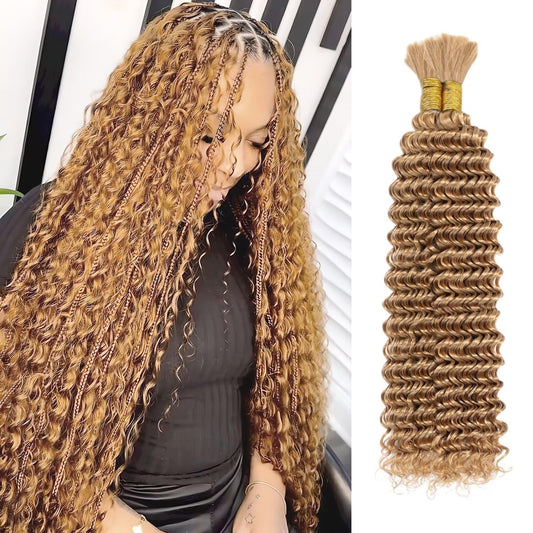 Blonde Human Braiding Hair 16 Inch Deep Water Wave 2 Bundle Bulk Brazilian Virgin Curly for Boho Braids Wet and Wavy Color 27 Honey Blonde 100g