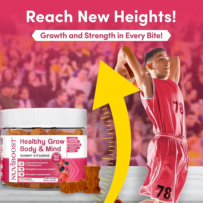 Healthy Grow Height Growth Gummies Rich in Calcium, Vitamins C, D3, K2, L-Arginine, Ashwagandha, and Others, Boost Bone Health & Immunity, Multivitamin, for Kids 5+, Teens and Adults.