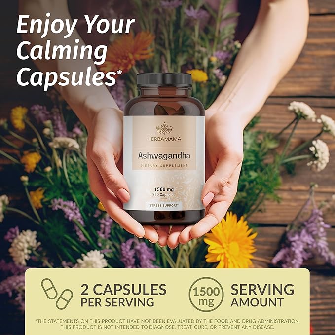 HERBAMAMA Ashwagandha Capsules - 1500mg Pure Ashwagandha Root for Relaxation & Mood Support - Vegan, Non-GMO Focus & Calming Supplement for Adults, 250 Caps