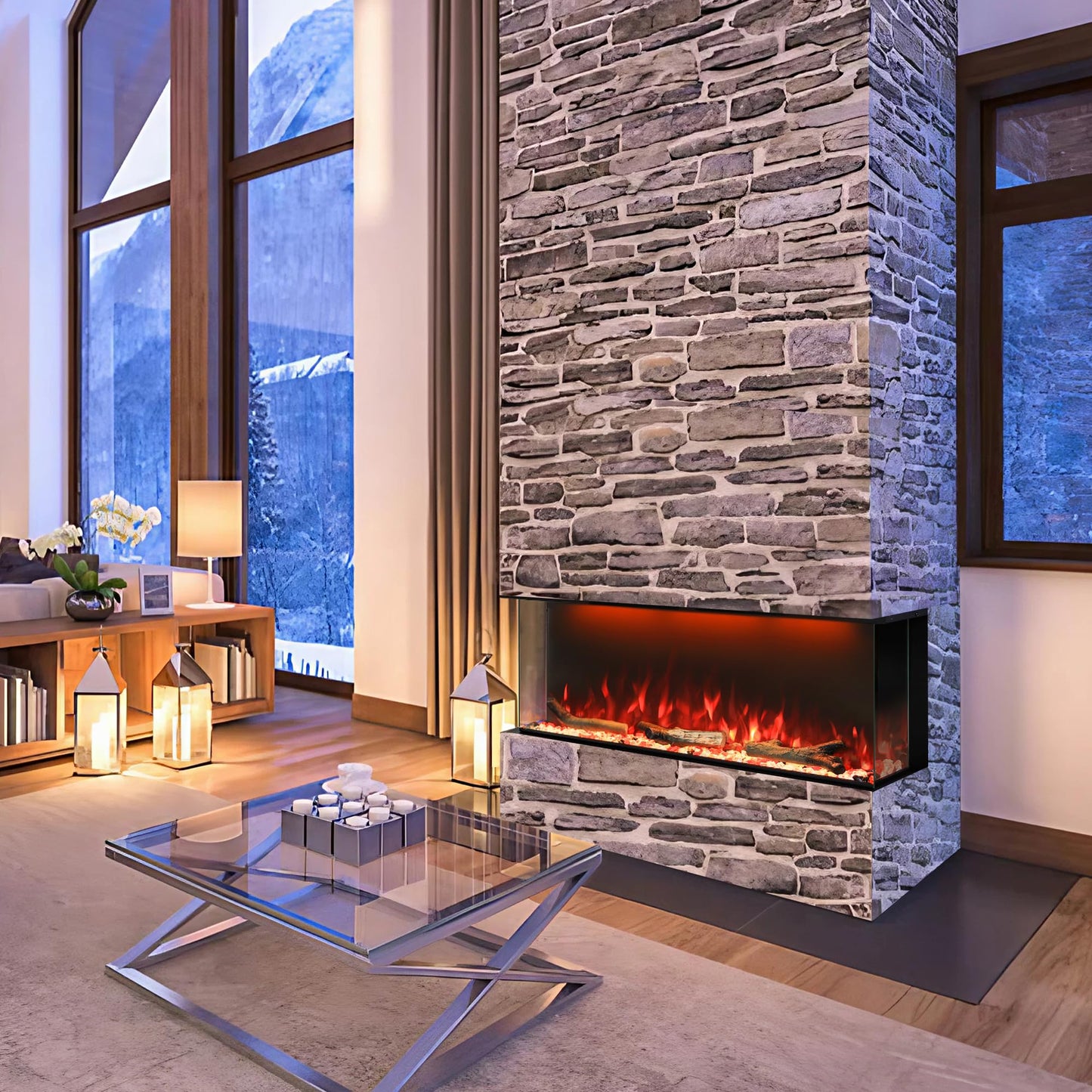 Masarflame 36" WiFi Electric Fireplace, 3-Sided Glass Fireplace Heater with Timer & Thermostat, 13×13 Flame & Fuel Bed Colors with Top Light, Adjustable Sound Volume, Log & Crystals, Work with Alex