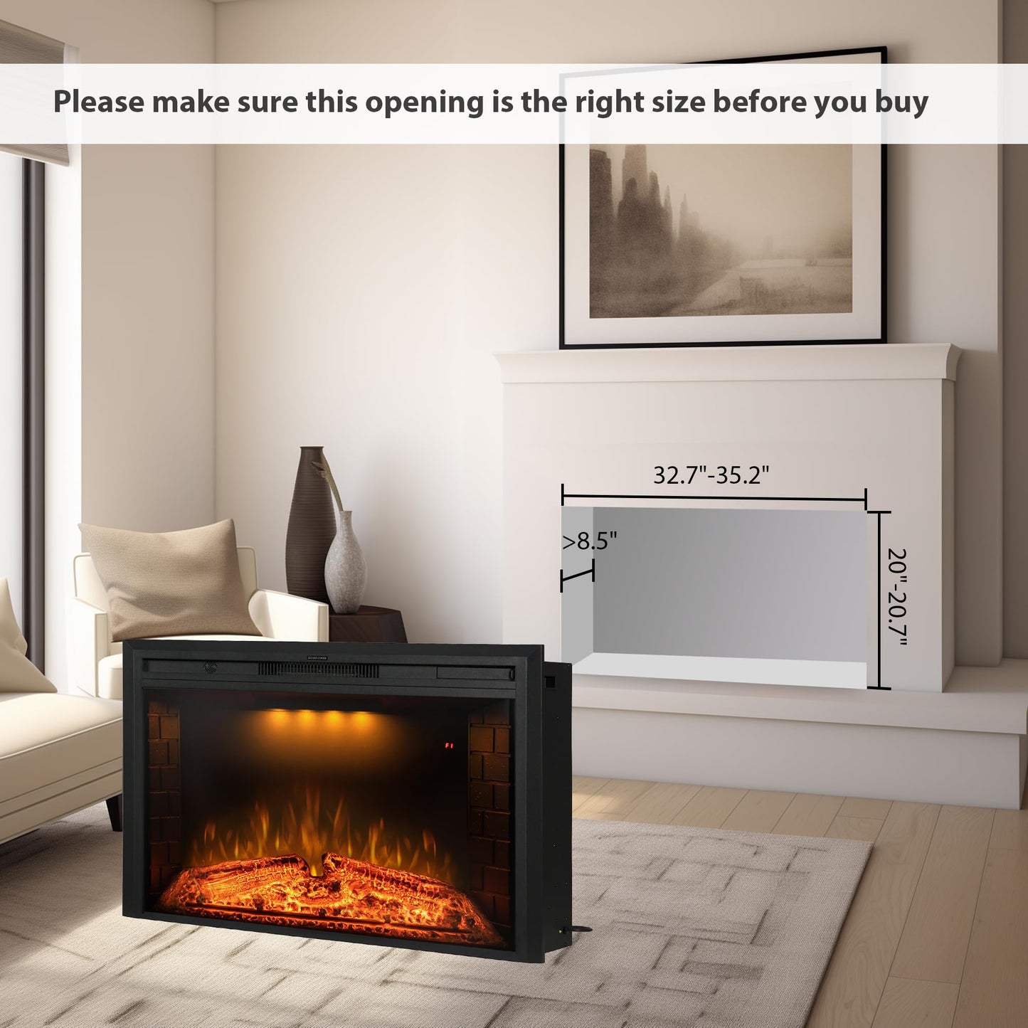 Benrocks 36'' Electric Fireplace Inserts, Recessed & Built in Wall Electric Fireplace Heater with Fire Crackling Sound, Adjustable Top Light & Flame Speed, Overheating Protection, 750/1500W Black