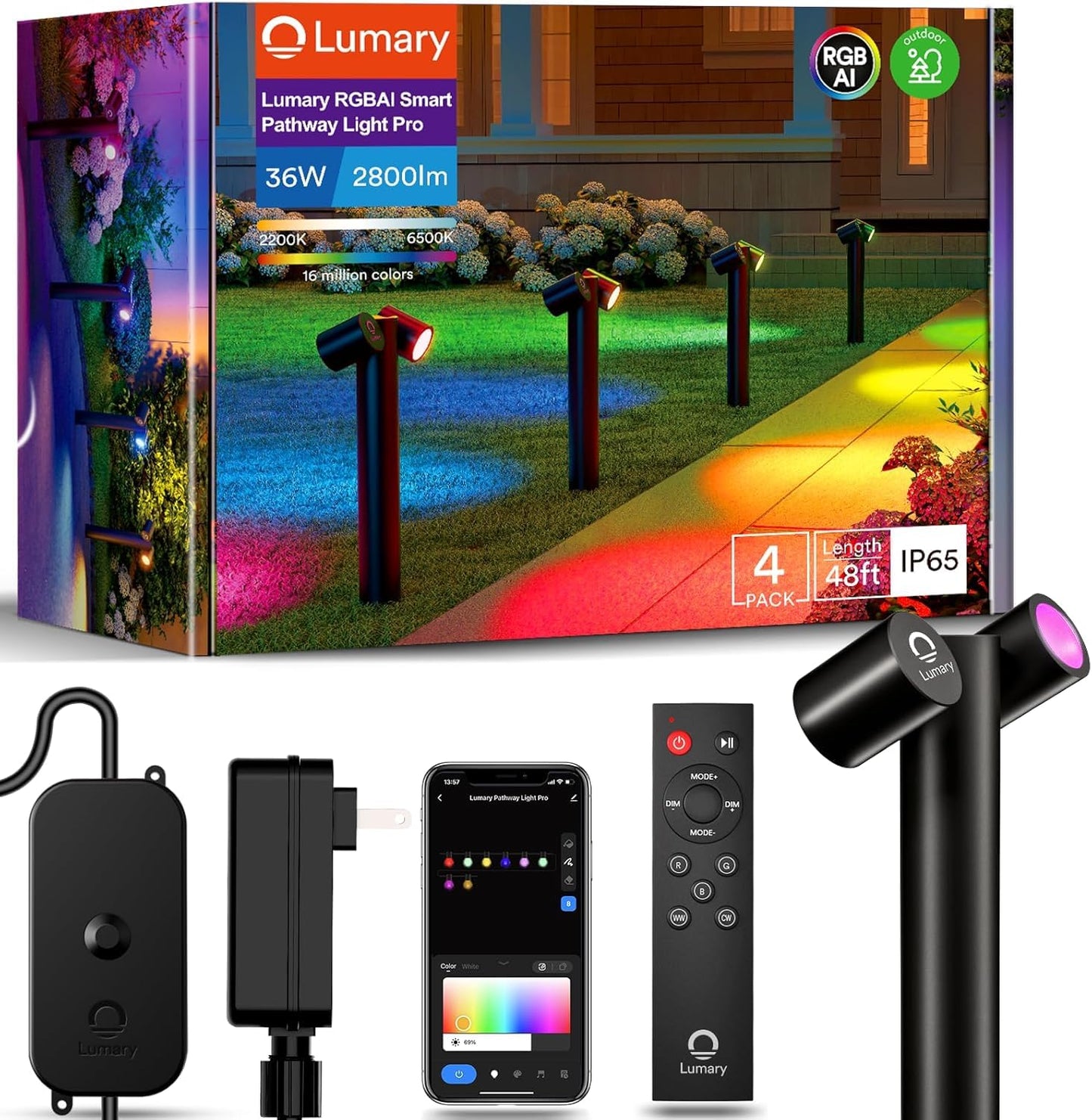 Lumary Smart Pathway Light Pro 700LM, RGBAICW Color Changing Landscape Lights with 8 Adjustable 355° Spot Lights IP65 Waterproof, 48FT Wired Outdoor Landscape Lighting, WiFi APP/Voice/Remote (4 Pack)