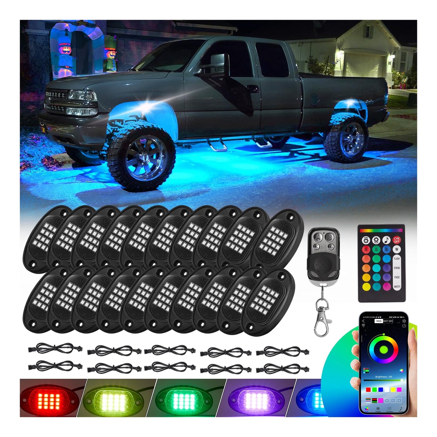 20 Pods RGB LED Rock Lights for Semi Trucks Offroad Pickup Trailer Sedan Boat, 12V Waterproof Dual Zone APP/RF Control Music Mode Brake Light Red Green Blue Underglow Neon Kit with Extension Wires