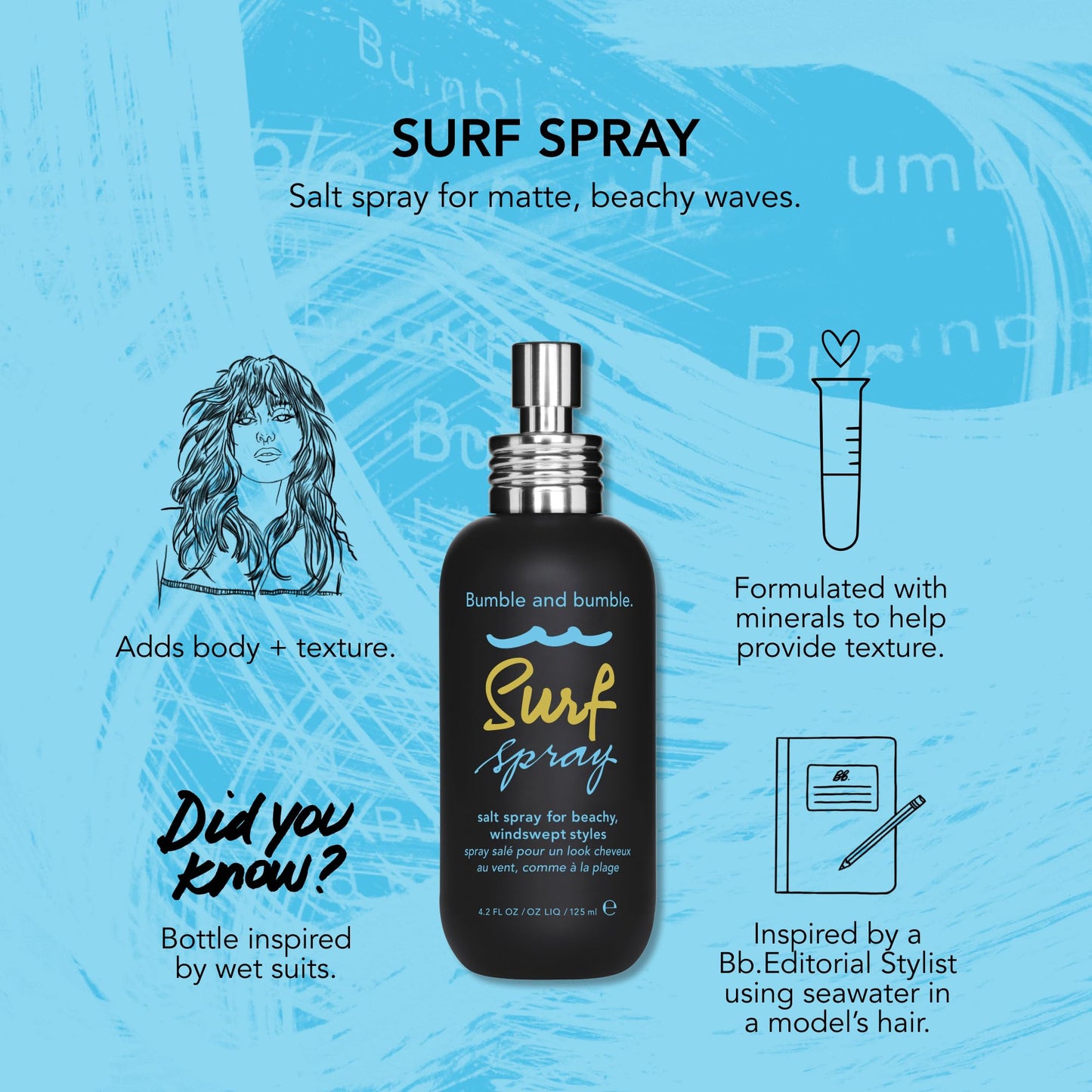 Bumble and bumble. Surf Sea Salt Spray | Volumizing | Adds Texture + Matte Finish, Wavy Straight, 1.7 Fl Oz